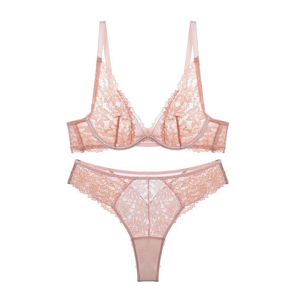 Lace Neck Lingerie Women's Feeling Without Steel Ring Bra Set  Female Deep v Thin Section Underwear Knot Wave Mesh Bras luvshop24