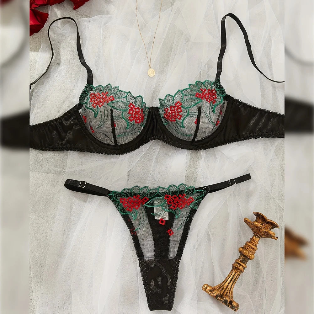 Floral Sexy Lingerie Lace Eroticу Bralette + Briefs Set Transparent Women's Underwear Embroidery Erotic Beautiful Bra And Panty luvshop24
