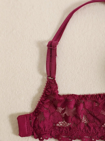 1 Set Elegant Erotic Lace Embroidery Breathable Fabric Lingeries : Push-Up Bra, Low Waist Sheer Panty - Ultimate Valentine's Day luvshop24