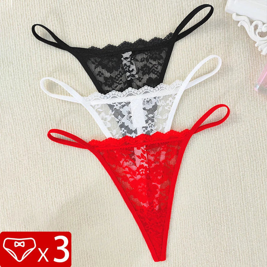 3pcs Low Rise Sexy Lace Women Thongs Hot Sale Breathable Intimate Lingerie Perspective Floral Panties Ladies G-string T-back luvshop24