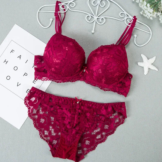 1 Set Elegant Erotic Lace Embroidery Breathable Fabric Lingeries : Push-Up Bra, Low Waist Sheer Panty - Ultimate Valentine's Day luvshop24