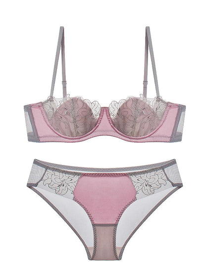Lace Neck Lingerie Women's Feeling Without Steel Ring Bra Set  Female Deep v Thin Section Underwear Knot Wave Mesh Bras luvshop24