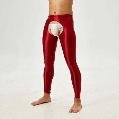 Glossy Crotchless Open Butt Leggings Mens Gays Erotic Nightwear Underpants High Waist Slim Fit Tights Underwear Baselayer Pants luvshop24