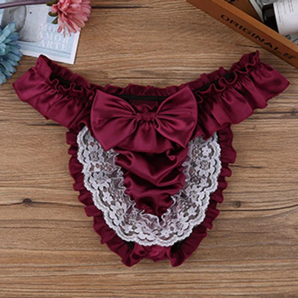 Men Sissy Bow-knot See-through Panties Satin Bikini G-String Thong Briefs Uniform Temptation Sexy Smooth Underwear Sleepwear luvshop24