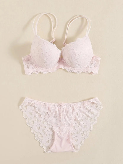 1 Set Elegant Erotic Lace Embroidery Breathable Fabric Lingeries : Push-Up Bra, Low Waist Sheer Panty - Ultimate Valentine's Day luvshop24