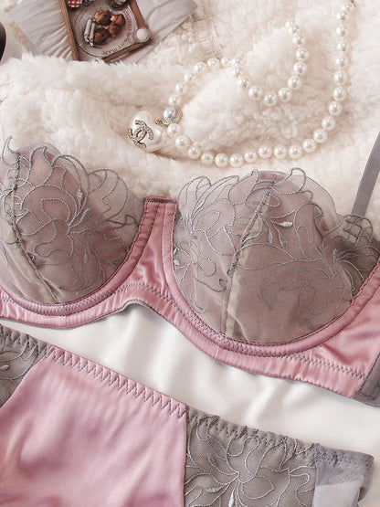 Lace Neck Lingerie Women's Feeling Without Steel Ring Bra Set  Female Deep v Thin Section Underwear Knot Wave Mesh Bras luvshop24