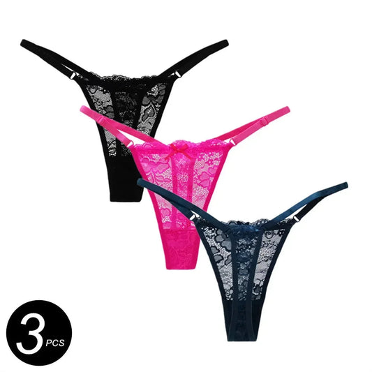 3PCS Adjustable Sexy Transparent Thong Panties Women Lace Underwear Low Waist Female T-back String Underpants luvshop24