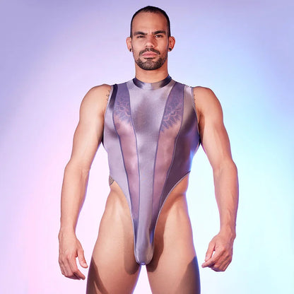 Hot Sexy Men's Bodysuits Mesh Patchwork Shiny Transparen Short Sleeve Male Rompers High Cut Leotard Gay Open Crotch Jumpsuits luvshop24