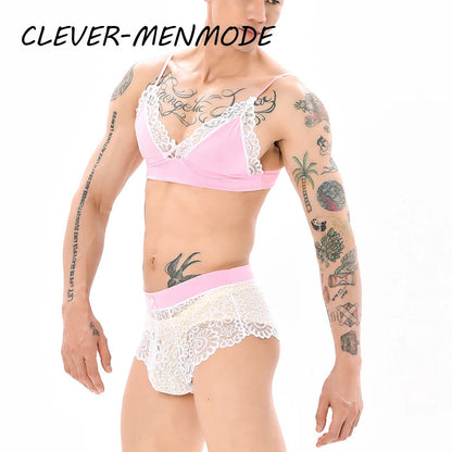 Men Sexy Crossdressing Erotic Sissy Lingerie See Through Mesh Lace Gay Underwear Male Bra Top Transparent Boxers Fetish Customs luvshop24