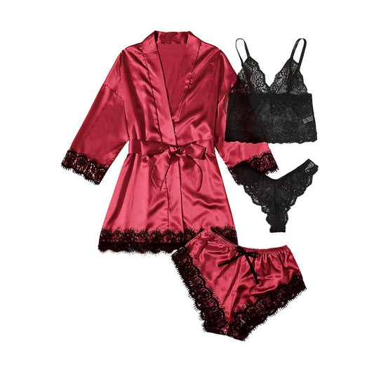 Women's Fashion Pajama Print Sexy Lace Trim Faux Silk Satin Pajama Set Gown Skin Friendly Comfort Loungewear Sexy Pajamas luvshop24