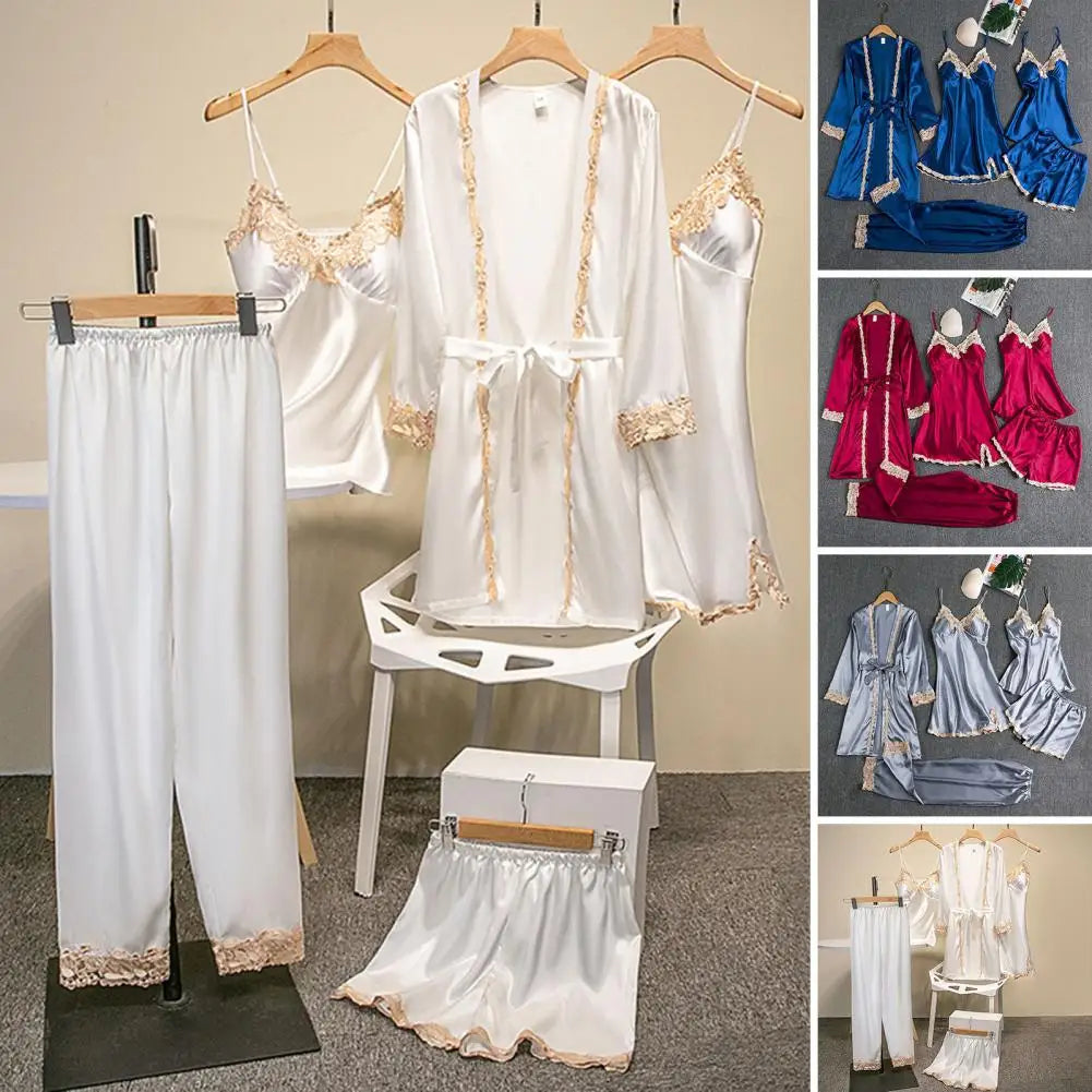 Women's Summer Sexy Pajama Pants Set 5 Pieces Nightgown Nightdress Top Shorts Pants Set Lace Satin Silk Sleepwear Robe Sleepwear luvshop24