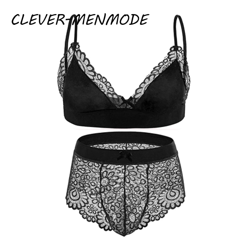 Men Sexy Crossdressing Erotic Sissy Lingerie See Through Mesh Lace Gay Underwear Male Bra Top Transparent Boxers Fetish Customs luvshop24