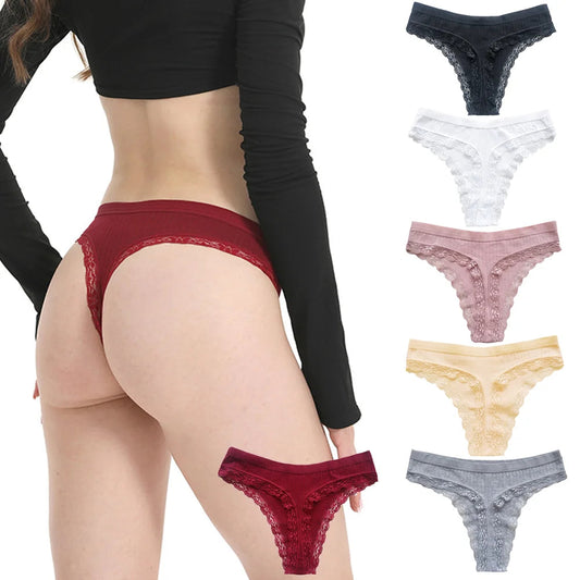 3pcs Cotton Women's Thong Panties Breathable Low Waist Seamless Underwear Sexy Female Lady Comfortable Solid Color Lace G-String luvshop24