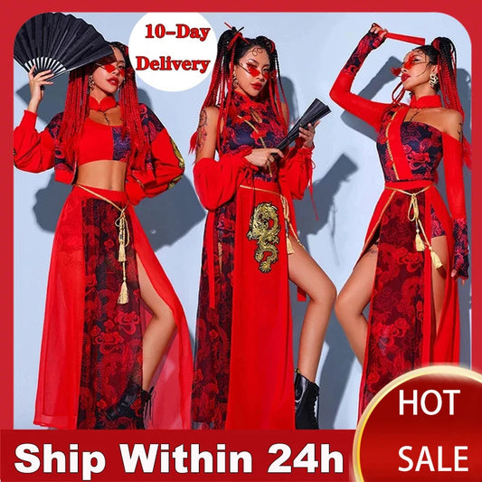 Chinese Style Women'S Jazz Performance Clothes Red Festival Outfits Hip Hop Clothes For Adults Gogo Dance Stage Costumes DQS6259 luvshop24