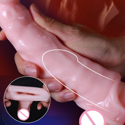 New Extended 8CM Large Penis Enlargement Male Extension Set Real Penis Extension Set Reusable Condom Cockcrown Ring Male Sex Toy luvshop24
