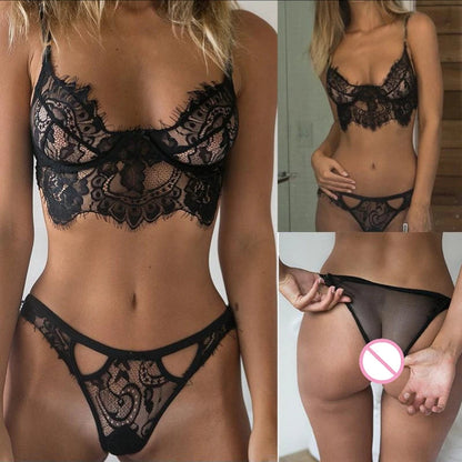 Lace Erotic Lingerie Set Women Underwear Hot Sexy Lingerie Set Halter Sleepwear Eyelashes Lace Porno Temptation Sexy Costume luvshop24