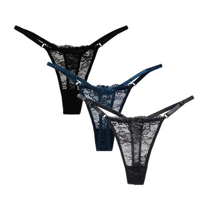 3PCS Adjustable Sexy Transparent Thong Panties Women Lace Underwear Low Waist Female T-back String Underpants luvshop24
