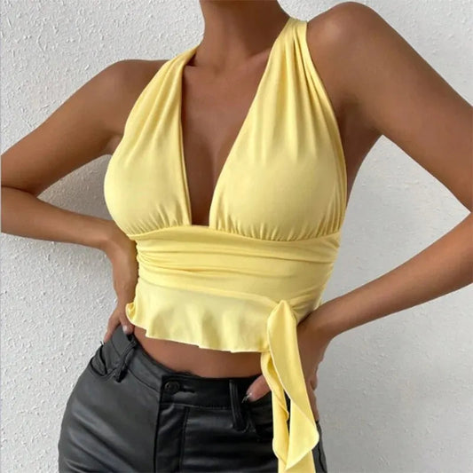 Women's Sexy Tight Fitting Deep V-neck Pleated Top Tight Fitting 2024 Spring Beach Resort Nightclub New Model Women's Sexy Tigh luvshop24