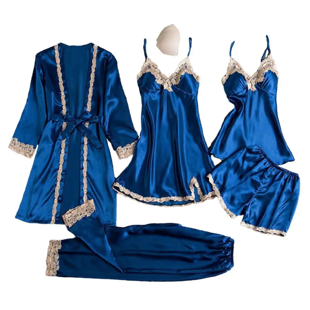 Women's Summer Sexy Pajama Pants Set 5 Pieces Nightgown Nightdress Top Shorts Pants Set Lace Satin Silk Sleepwear Robe Sleepwear luvshop24