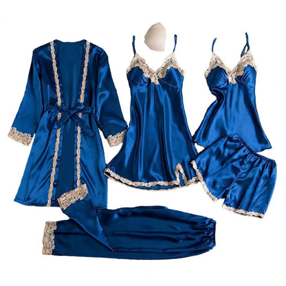 Women's Summer Sexy Pajama Pants Set 5 Pieces Nightgown Nightdress Top Shorts Pants Set Lace Satin Silk Sleepwear Robe Sleepwear luvshop24