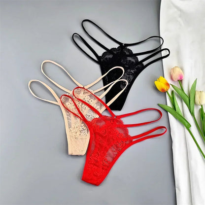 3 Pcs Lace Thin Strap Thong Women Low Waist Sexy Perspective Underwear Ladies Transparent G-string Panty Plus Size T-back luvshop24