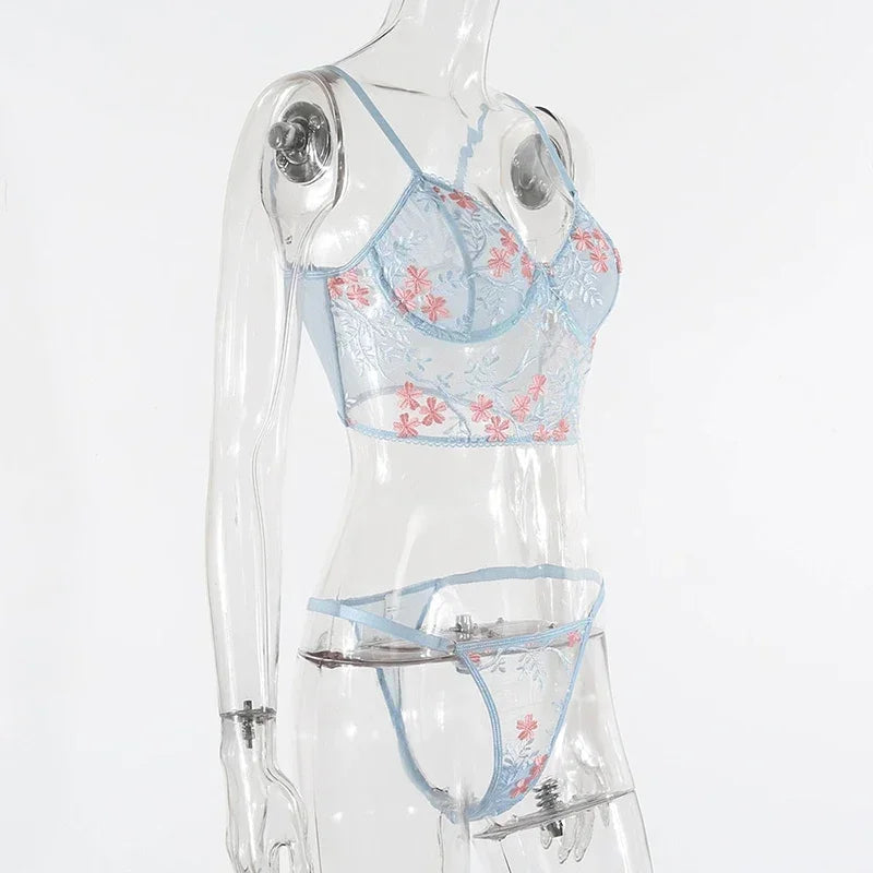 Lace Floral Embroidery See Through Bra and Panties Set for Women Underwear Sexy Lingerie Female 2 Pieces Bra Brief Sets luvshop24