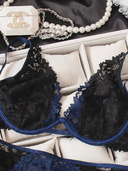 Lace Neck Lingerie Women's Feeling Without Steel Ring Bra Set  Female Deep v Thin Section Underwear Knot Wave Mesh Bras luvshop24