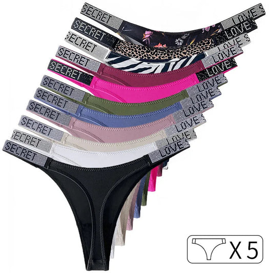5Pcs Low Waist Sexy Panties Women Thongs Rhinestones Letter Diamonds G-string Sports Thong Shorts Briefs T-back Size S-XL luvshop24
