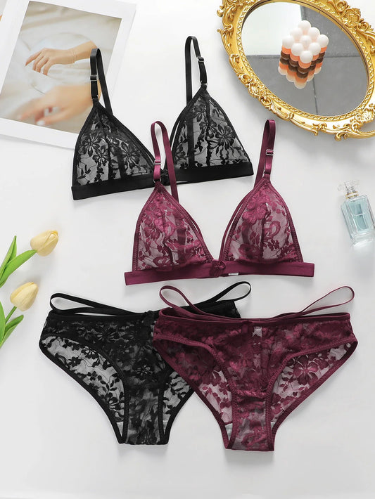 Women's Ultra-thin Lace Lingerie Two-piece Floral Lingerie Sexy Lingerie No Steel Hoop Push Up Bra A322 luvshop24