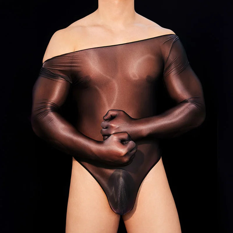 Hot Sexy Oil Shiny Bodysuit for Men Body Stockings Sheer See Through Five Fingers Glove Leotard Male Erotic Lingerie Sex Clothes luvshop24