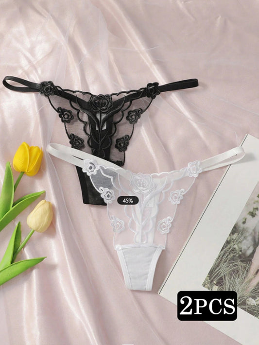 2pcs Ladies' New Lace Sexy Black And White Embroidered Flower Print Sexy Set Thong Underwear C2648 luvshop24