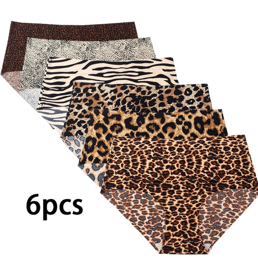 6pcs Women's Seamless Ice Silk Panties Female Mid Waist Plus Size Leopard Print Underwear Girls Fashion Brief Lady Comfort Panty luvshop24