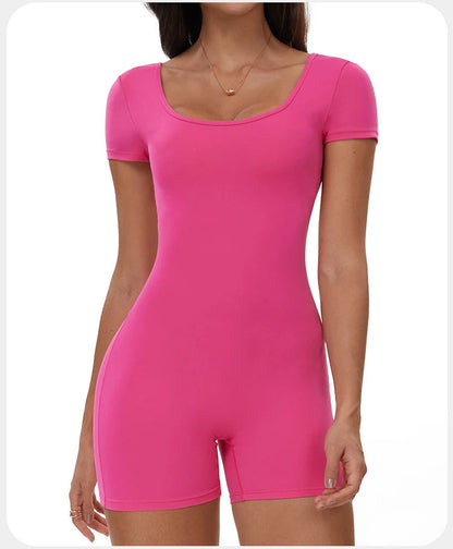 Womens Sports Bodysuit Short Sleeve Jumpsuits Stretch One Piece Set Romper Sexy Scrunch Butt Fitness Jumpsuit Female Sportwears luvshop24