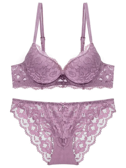 1 Set Elegant Erotic Lace Embroidery Breathable Fabric Lingeries : Push-Up Bra, Low Waist Sheer Panty - Ultimate Valentine's Day luvshop24