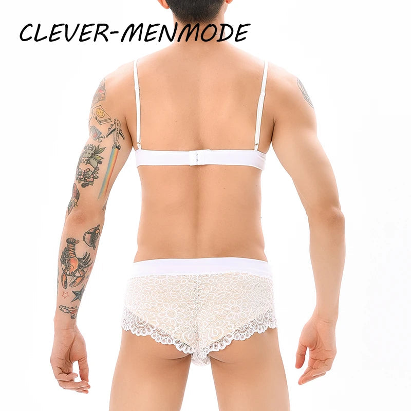 Men Sexy Crossdressing Erotic Sissy Lingerie See Through Mesh Lace Gay Underwear Male Bra Top Transparent Boxers Fetish Customs luvshop24