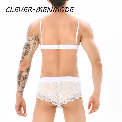 Men Sexy Crossdressing Erotic Sissy Lingerie See Through Mesh Lace Gay Underwear Male Bra Top Transparent Boxers Fetish Customs luvshop24