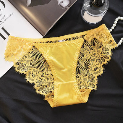 1pc Women's Sexy Lace Panties Satin Seamless Underwear Lace Mesh Sheer Low Waist Triangle Underwear Ladies Thin Breathable Brief luvshop24