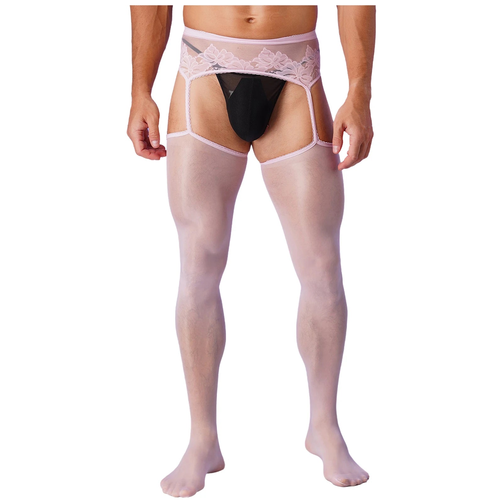 Mens Sexy Cutout Crotchless Pantyhose Floral Lace Exotic Socks Leggings One-Piece Garter Stockings Gay Male Sissy Underwear luvshop24