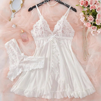 2 Pcs Set Sexy Lingerie Set Women Deep V Slip Dress Thong Erotic Bra Panty Sets Lace Nightdress Transparent Soft Nightgown luvshop24