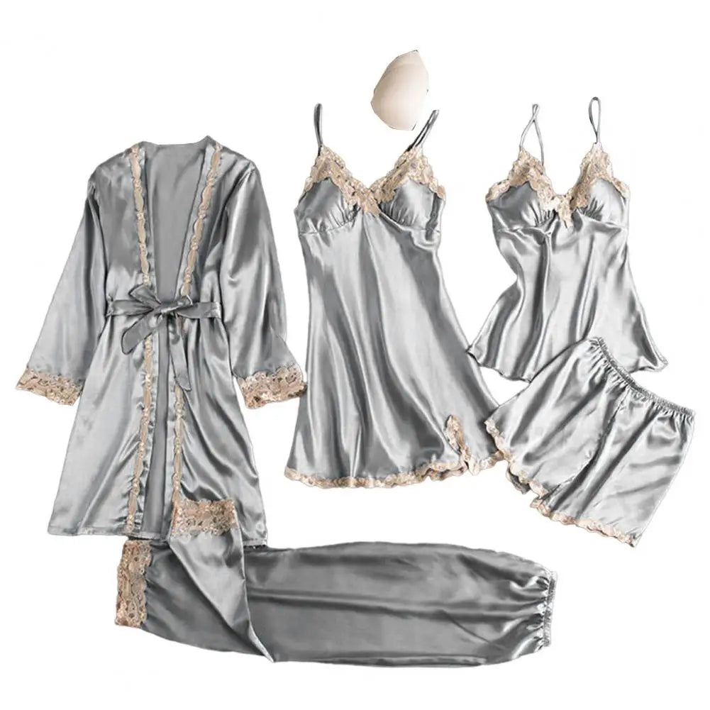 Women's Summer Sexy Pajama Pants Set 5 Pieces Nightgown Nightdress Top Shorts Pants Set Lace Satin Silk Sleepwear Robe Sleepwear luvshop24