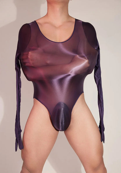 Hot Sexy Oil Shiny Bodysuit for Men Body Stockings Sheer See Through Five Fingers Glove Leotard Male Erotic Lingerie Sex Clothes luvshop24