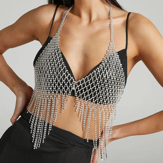 XSBODY Mesh Tassels Chest Chain Jewellery Necklace Sexy Lingerie Women Body Luxury Crystal Festival Outfit Bikinis Bras 2023 luvshop24