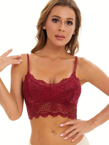 1 Piece Floral Lace Wireless Bras, Sexy Scallop Trim Double Straps Bra, Women's Lingerie & Underwear luvshop24