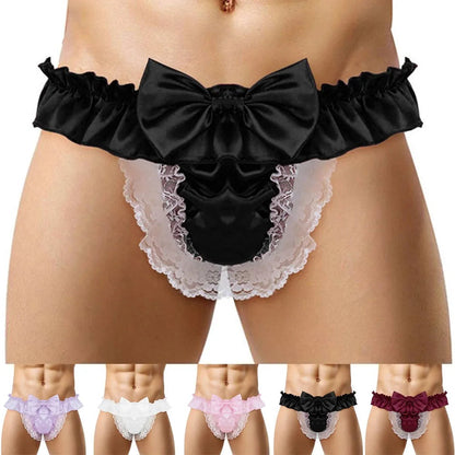 Men Sissy Bow-knot See-through Panties Satin Bikini G-String Thong Briefs Uniform Temptation Sexy Smooth Underwear Sleepwear luvshop24