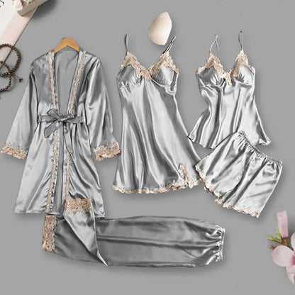 Women's Summer Sexy Pajama Pants Set 5 Pieces Nightgown Nightdress Top Shorts Pants Set Lace Satin Silk Sleepwear Robe Sleepwear luvshop24