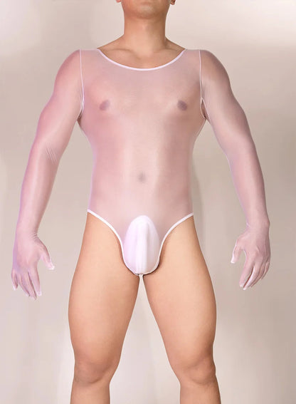 Hot Sexy Oil Shiny Bodysuit for Men Body Stockings Sheer See Through Five Fingers Glove Leotard Male Erotic Lingerie Sex Clothes luvshop24