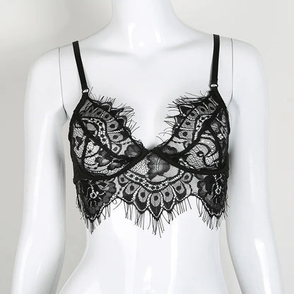 Lace Sexy Underwear Set Hollow Eyelashes Lingerie See-through Sheer Bra and Panty White Black Backless Bodysuit Women 2pcs luvshop24