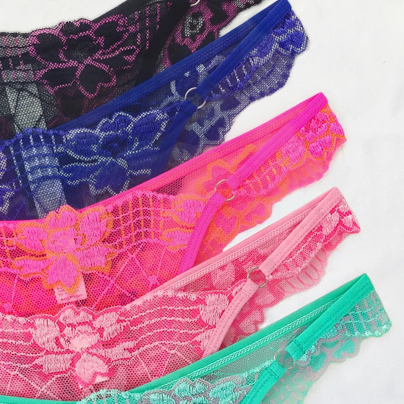 5pcs Lace Ladies G-string Perspective Floral Panties Low Waist Sexy Female Thongs Comfortable Breathable Intimate Lingerie Set luvshop24