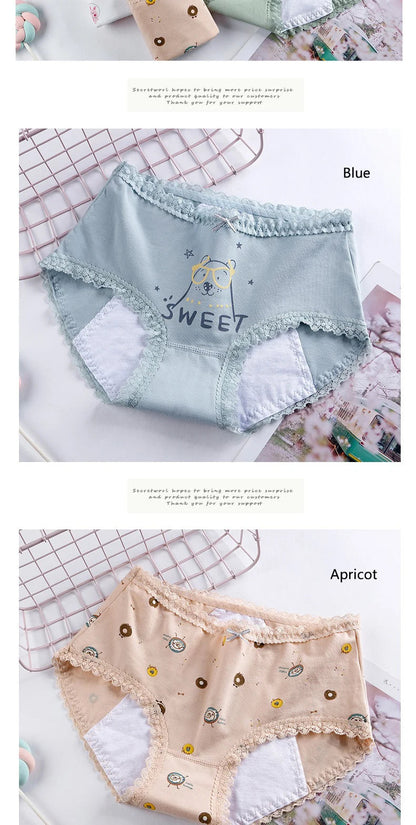 1pc Girls Period Underwear Mid-Rise Cartoon Cotton 3-Layer Leak-proof Incontinence Panties Absorbent Teen Menstrual Briefs S-XL luvshop24