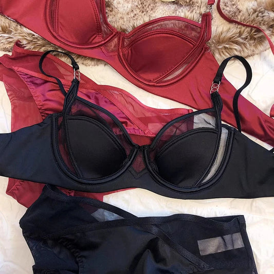 2 Pieces Sexy Underwear Set for Women Lace Push Up Bra French Thin Cup Comfort Brassiere Mesh Breathable Bralette Lingerie Set luvshop24
